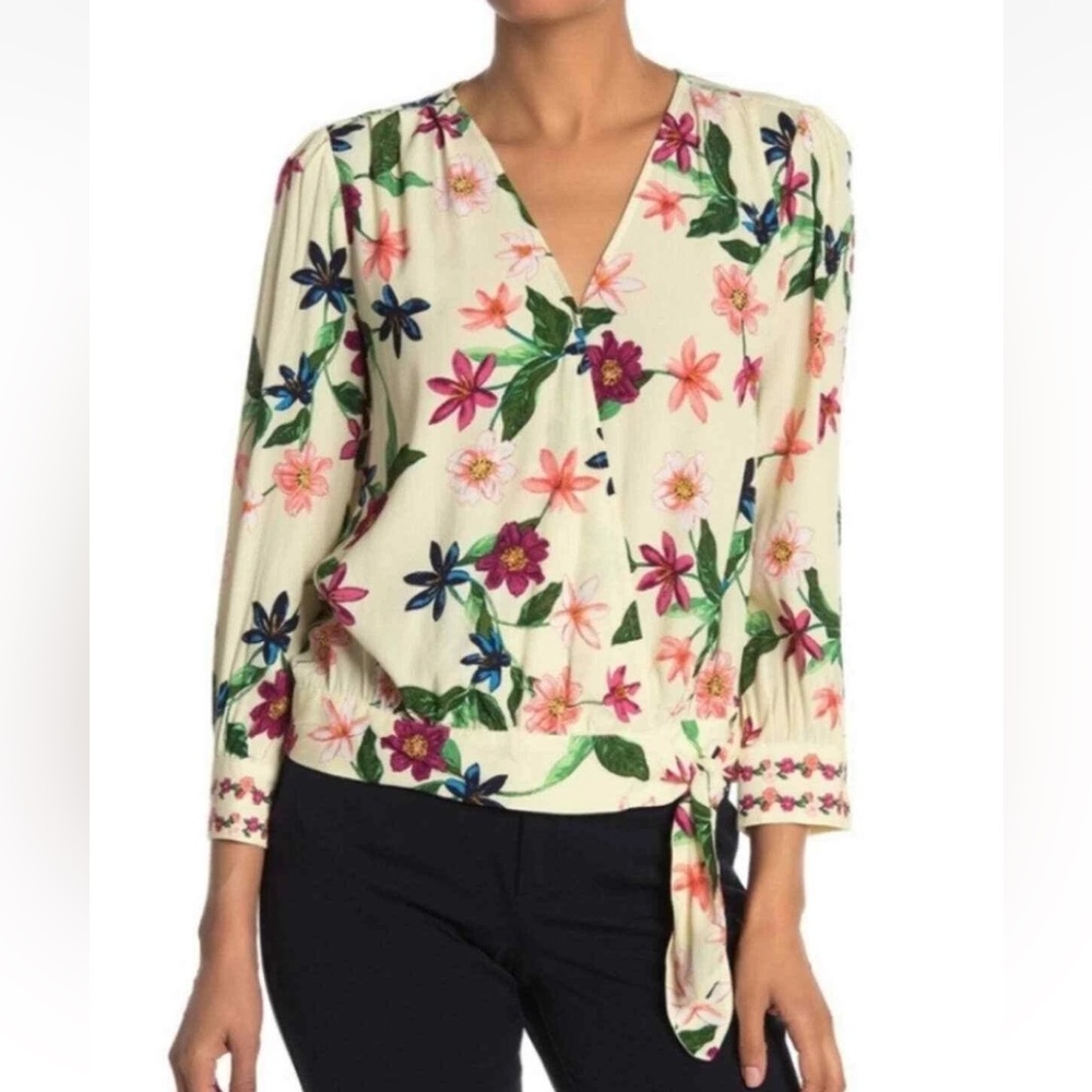 LAUNDRY SHELLI SEGAL Yellow Floral Wrap Blouse Top Cottagecore Size Large